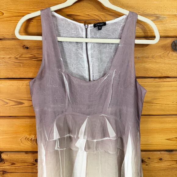 Komarov Cream Tan Sleeveless Satin Crinkle Tiered Beaded Ombre Midi Dress - Picture 7 of 9